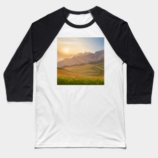 Golden Sunrise Over Hilly Green Fields and Yellow Tulips Landscape Digital Illustration Baseball T-Shirt